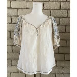 Max Studio Embroidered Puff Sleeve Top Women's Cotton Lightweight Blouse Size S